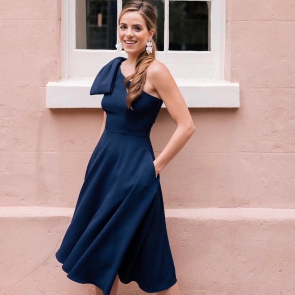 GAL MEETS GLAM Women's Yvonne One Shoulder Bow Dress Fit and Flare Navy Blue 8